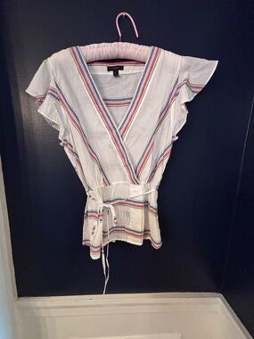 J. Crew Women's Striped V-Neck Flutter Sleeve Tie Waist Wrap Blouse SZ 6